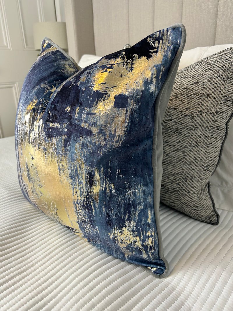 Idyllic abstract navy blue and gold grey luxury cushion