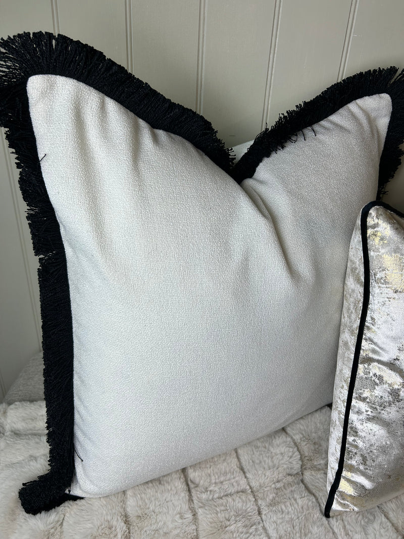 Ivory white boucle weave with Black Trim Edge Hugo Cushion 56cm