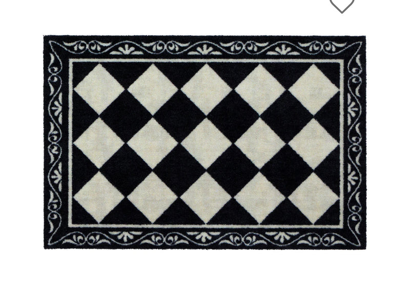 Back and cream traditional tile look mat door mat rug washable 2 sizes