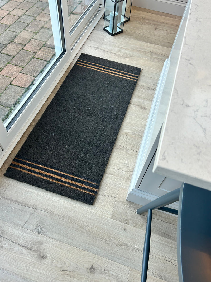 Extra large charcoal triple stripe coir doormat mat rug 125x55cm