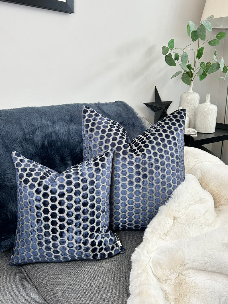 Navy Blue Jorvik Hexagon Velvet Cushion Two Sizes