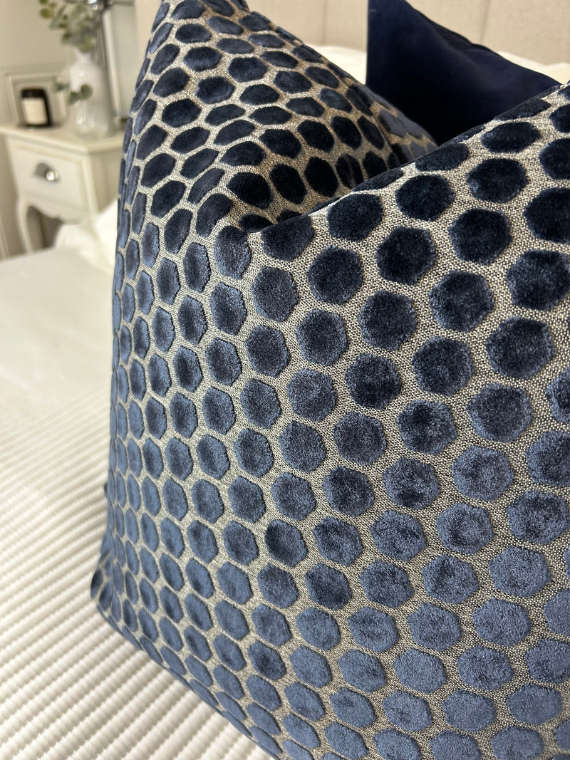 Navy Blue Jorvik Hexagon Velvet luxury Cushion Two Sizes
