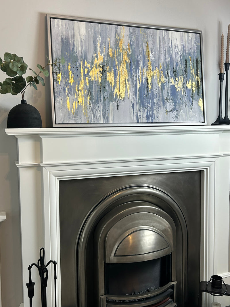 Dripping indigo blue and gold framed canvas abstract by Tom Reeves 60x90cm