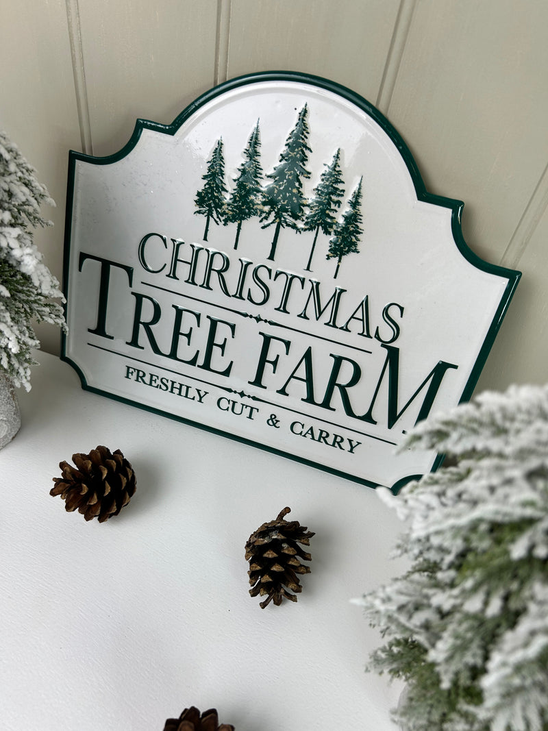 White Metal Christmas Tree Farm Sign Plaque