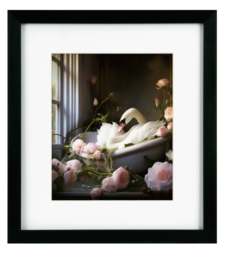 Bathroom joy swan framed print 30x34cm