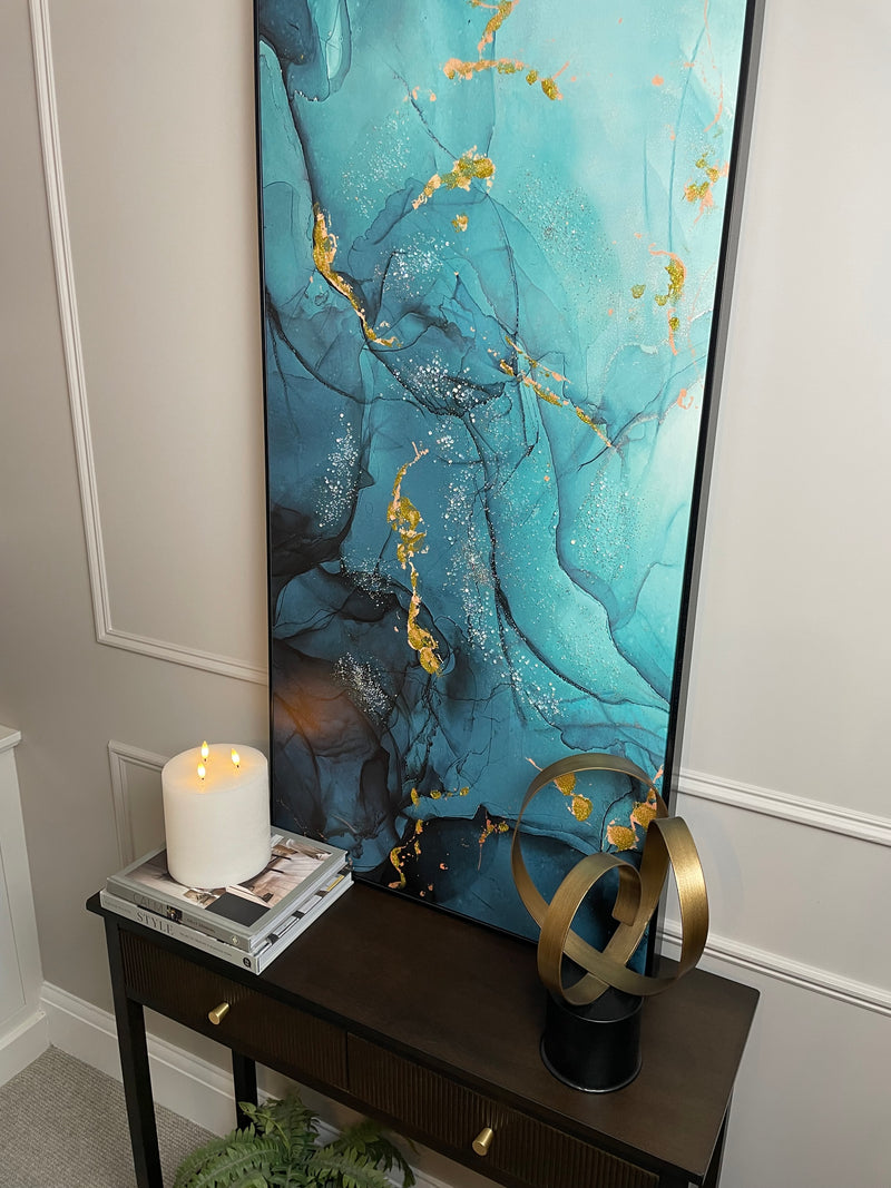 Framed Teal Blue and Gold Abstract Canvas 62cm x 122cm