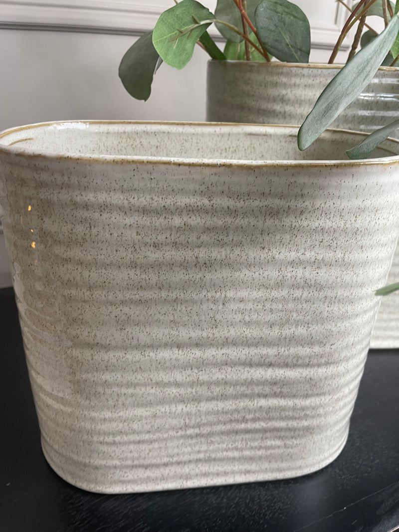 Oval ribbed slim neutral taupe vase