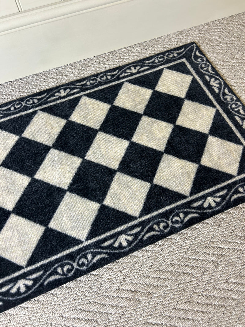 Back and cream traditional tile look mat door mat rug washable 2 sizes