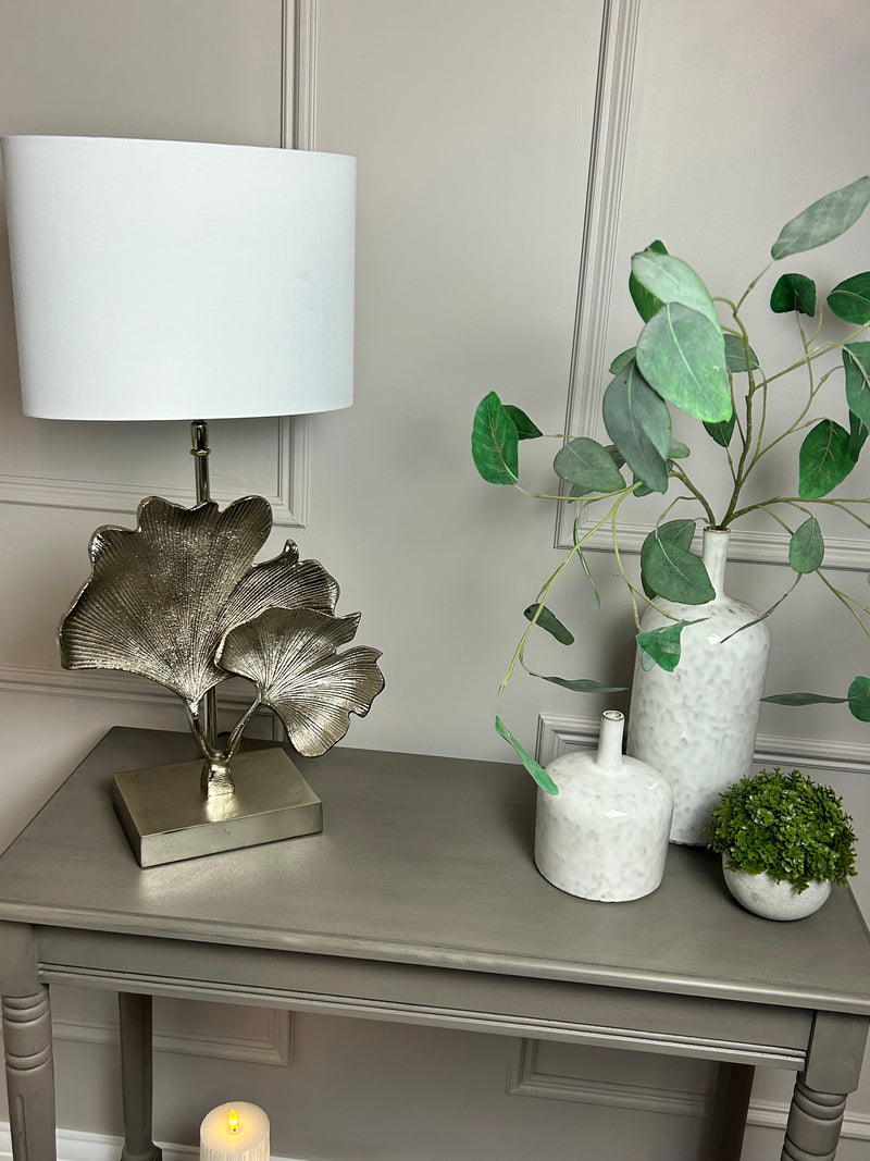 Gingko champagne leaf petal metal lamp with white oval shade