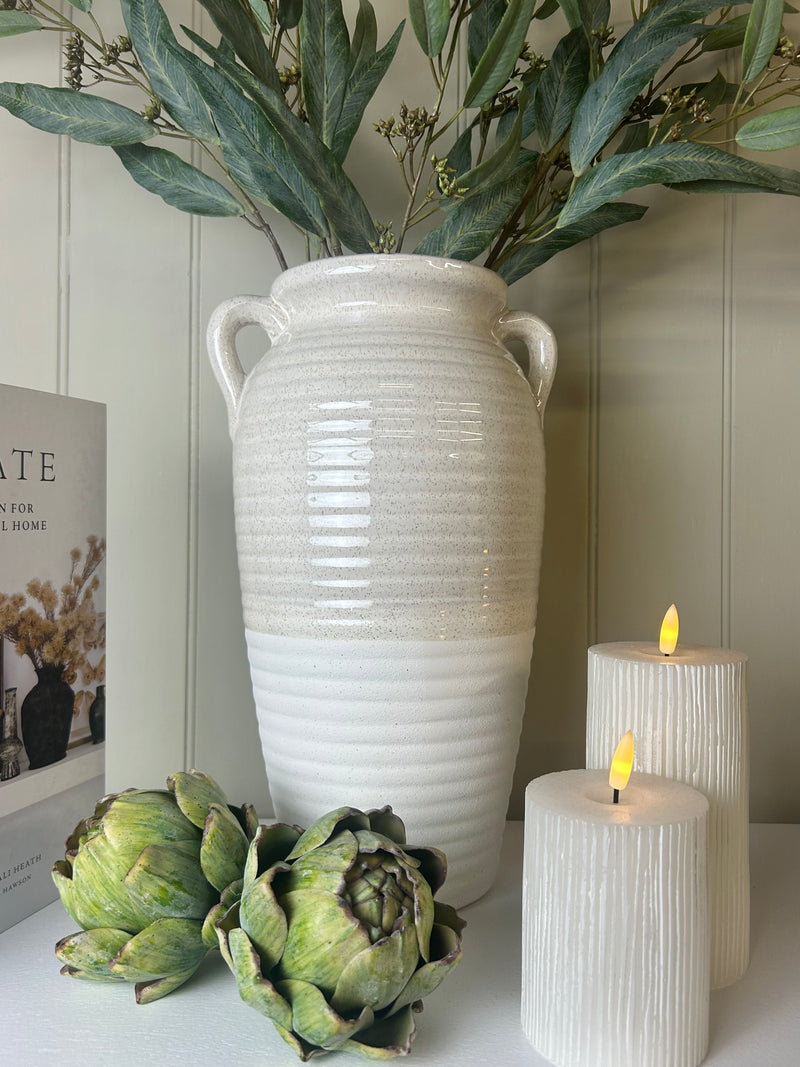 Two tone cream and white ribbed tall vase