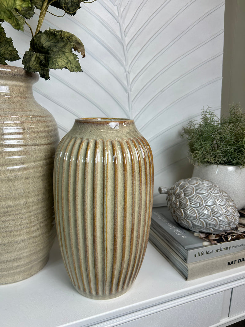Ribbed brown beige tall vase 30cm by 18cm