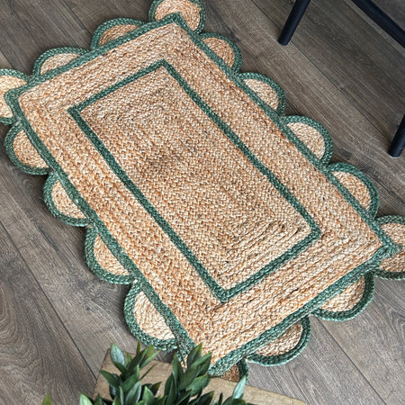 Natural jute scallop green and natural shaped rug mat 60x90