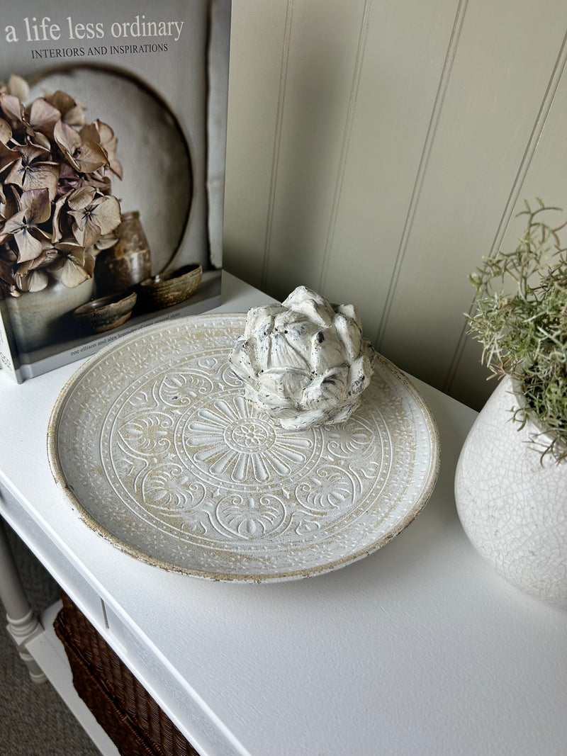 White Wash Wooden Patterned Tray Plate 29cm