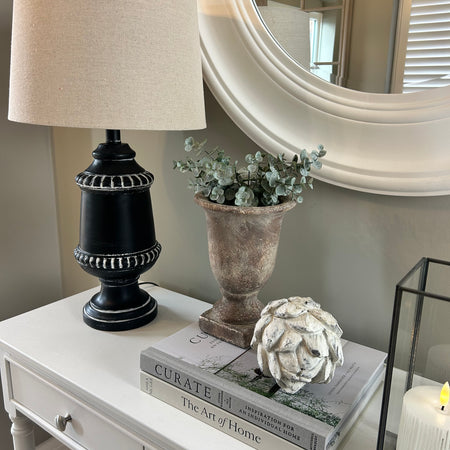 Antique black chunky lamp with linen shade