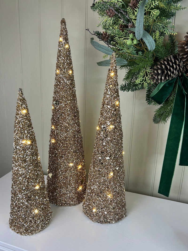 Set of 3 gold LED lit glitter trees