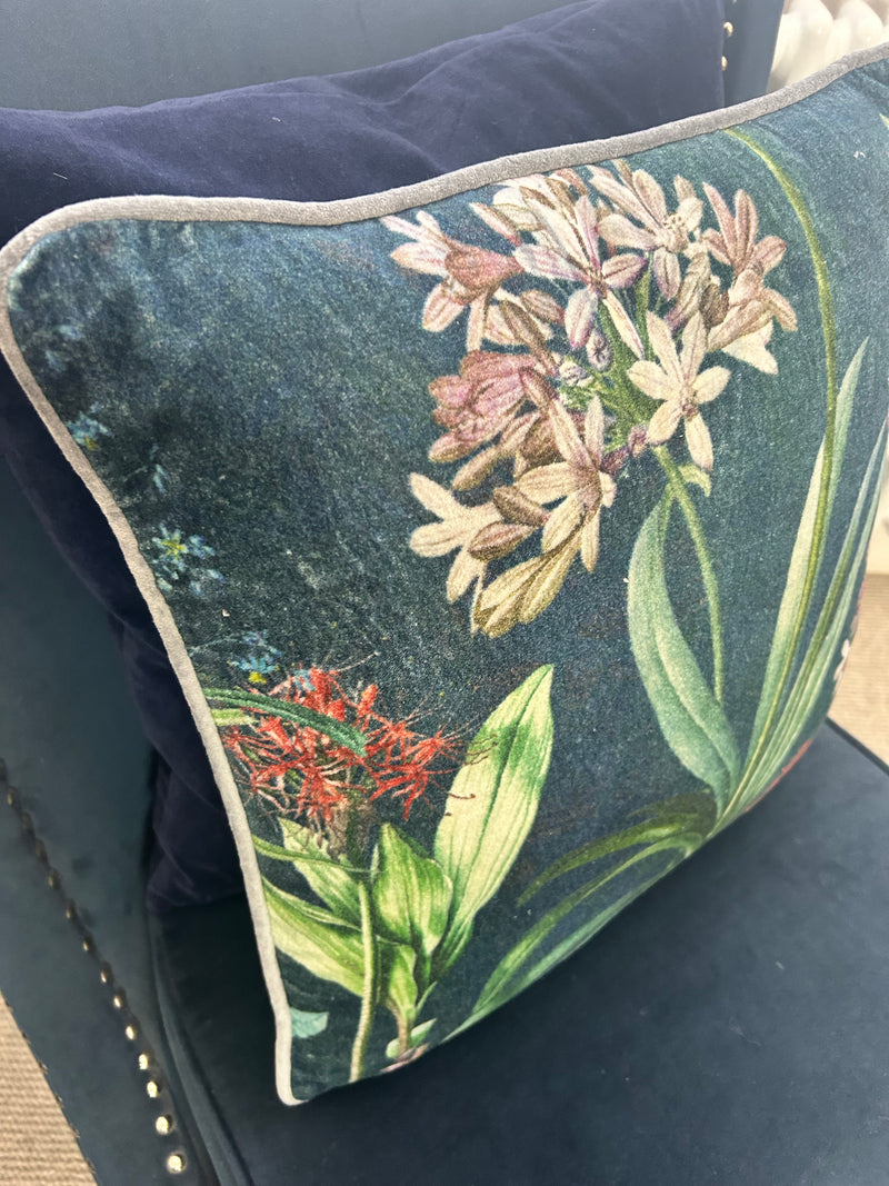 Velvet Agapanthus Flower Green Cushion 45cm