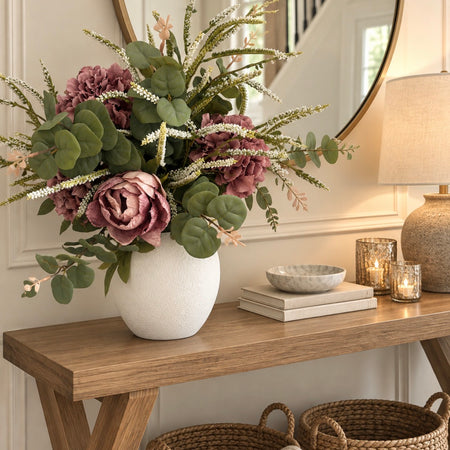 Mauve hydrangea peony eucalyptus and salvia arrangement