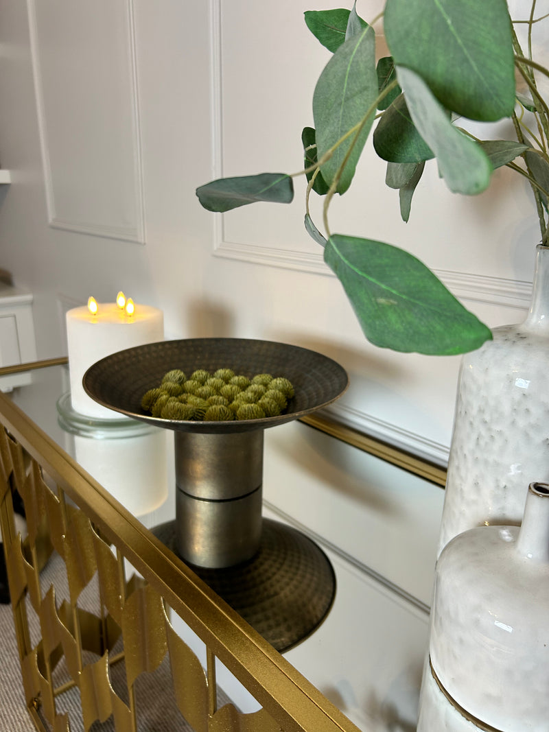 Antique Gold bronze hammered Round Metal Bowl on foot