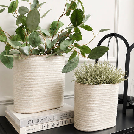 Oval ribbed slim neutral taupe vase