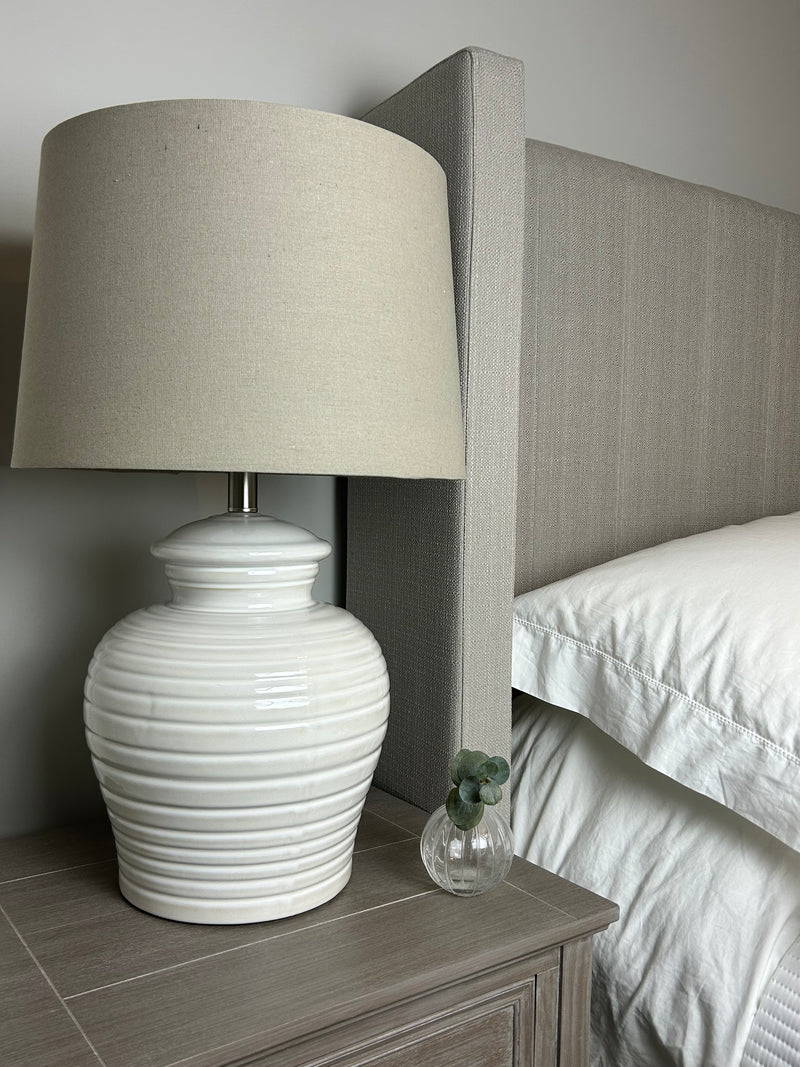 Large Distressed stone Terracotta Table Lamp with natural Linen Shade