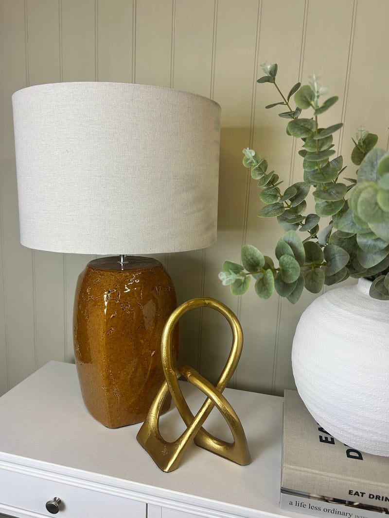 Russet rust chunky ceramic lamp with linen white shade