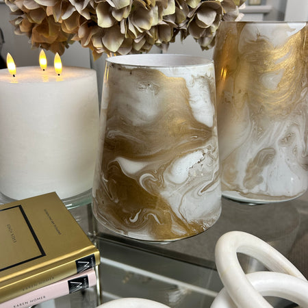 Marbled Gold & White Hurricane Candle Holder