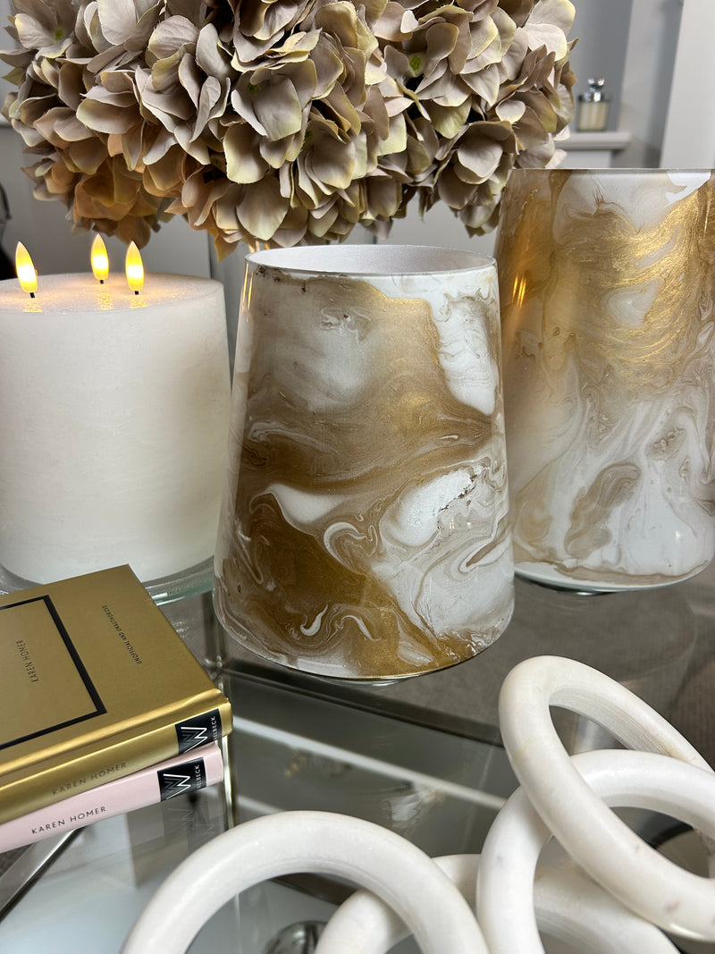 Marbled Gold & White Hurricane Candle Holder