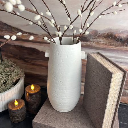 Slender Matt White textured hammered Tall Vase with handles 31cm