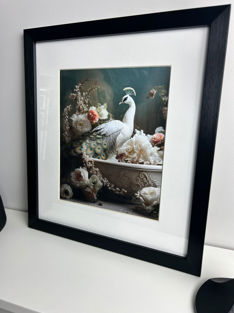 Bathroom joy peacock framed print 30x34cm