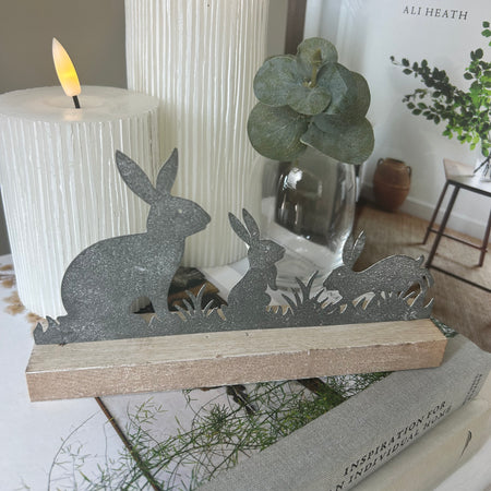 Bunny rabbit Easter family on wooden base 18cm