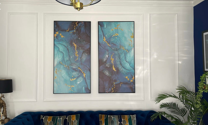 Framed Teal Blue and Gold Abstract Canvas 62cm x 122cm