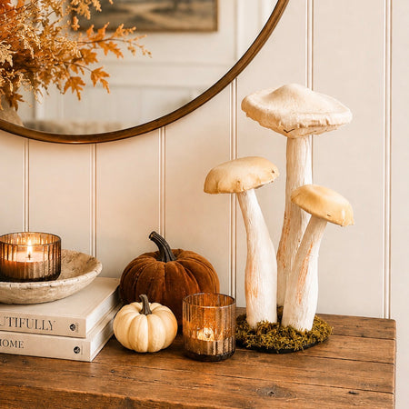 Velvet cream triple mushroom toadstool on stand decoration 30cm