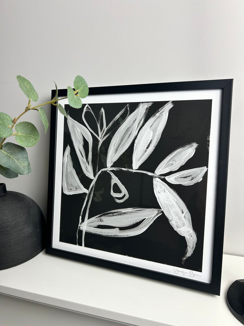 Quirky leaves monochrome framed art by Jennifer Goldberger
