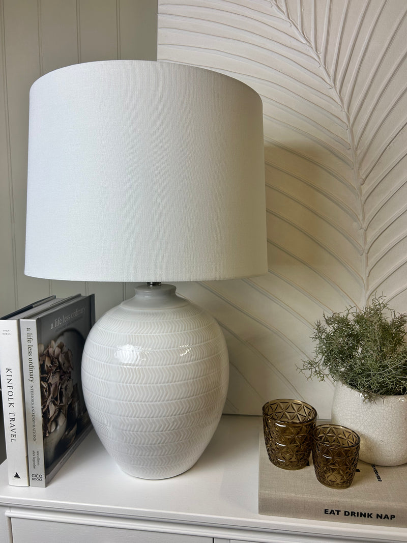 Textured ceramic lamp with linen shade