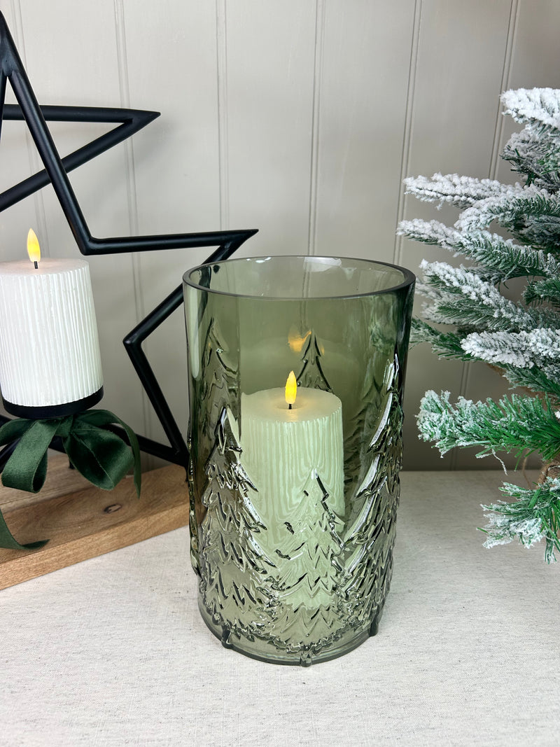 Large glass Green tree Forest Candle Holder embossed