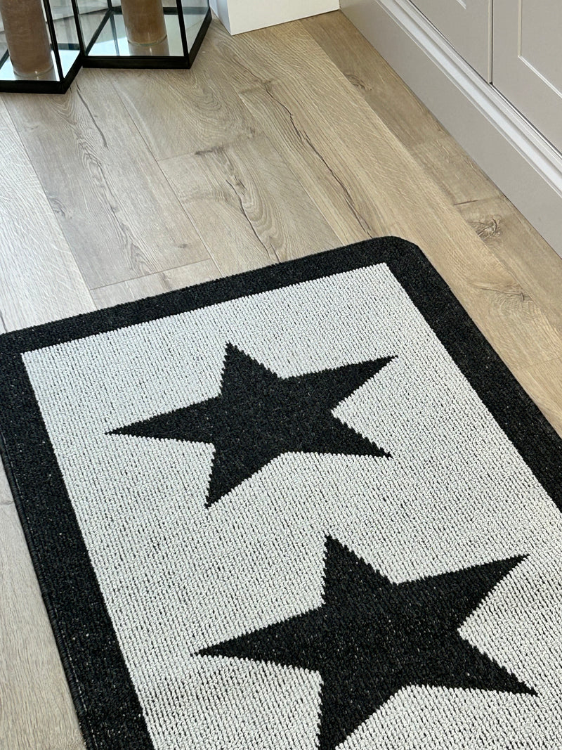 Charcoal Star Door washable mat rug Runner 67cm by 150cm and 67cm by 200cm