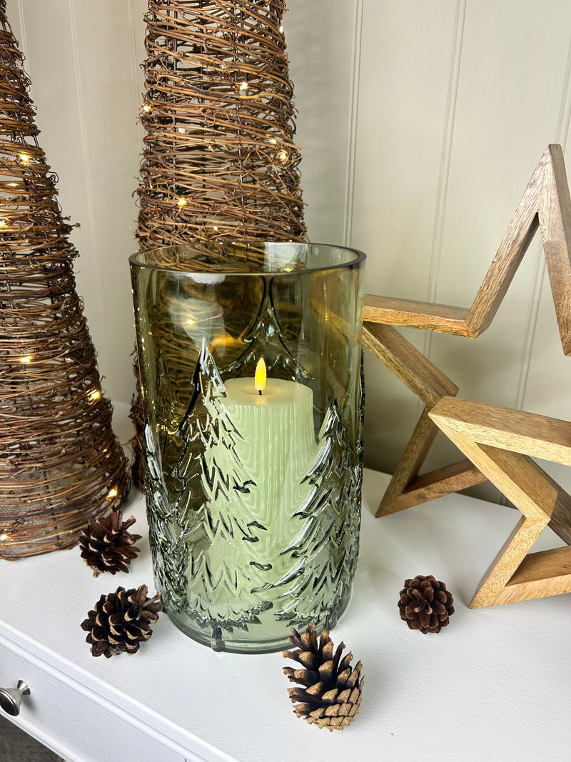 Large glass Green tree Forest Candle Holder embossed