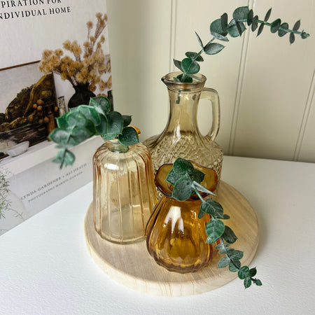 4 Piece Set Glass vase Bottles on Wooden Round Tray amber brown wood
