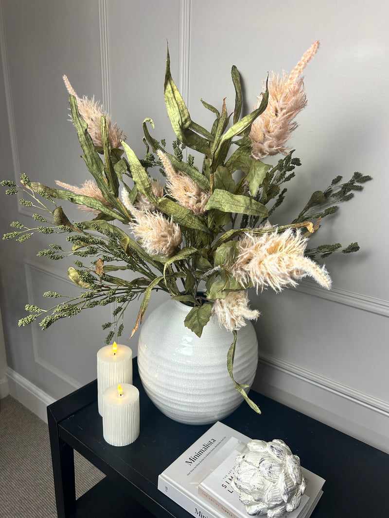 Green tall reed, green sorghum grass and mocha oyster alexis stem arrangement