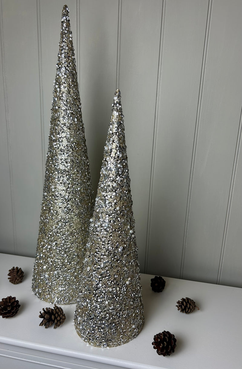 Set of two tall sequin gold cone trees