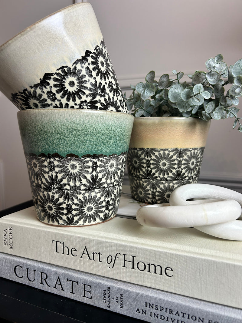 Circles Floral Pattern Terracotta Plant Pots 3 colours styles