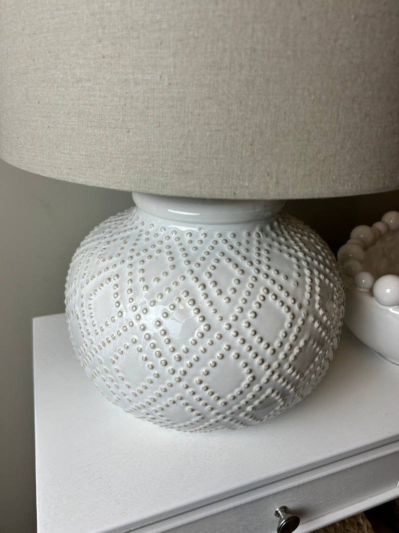 Squat beaded bobble ceramic lamp with shade