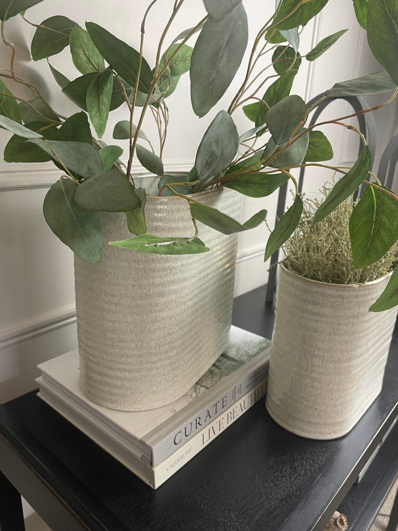 Oval ribbed slim neutral taupe vase
