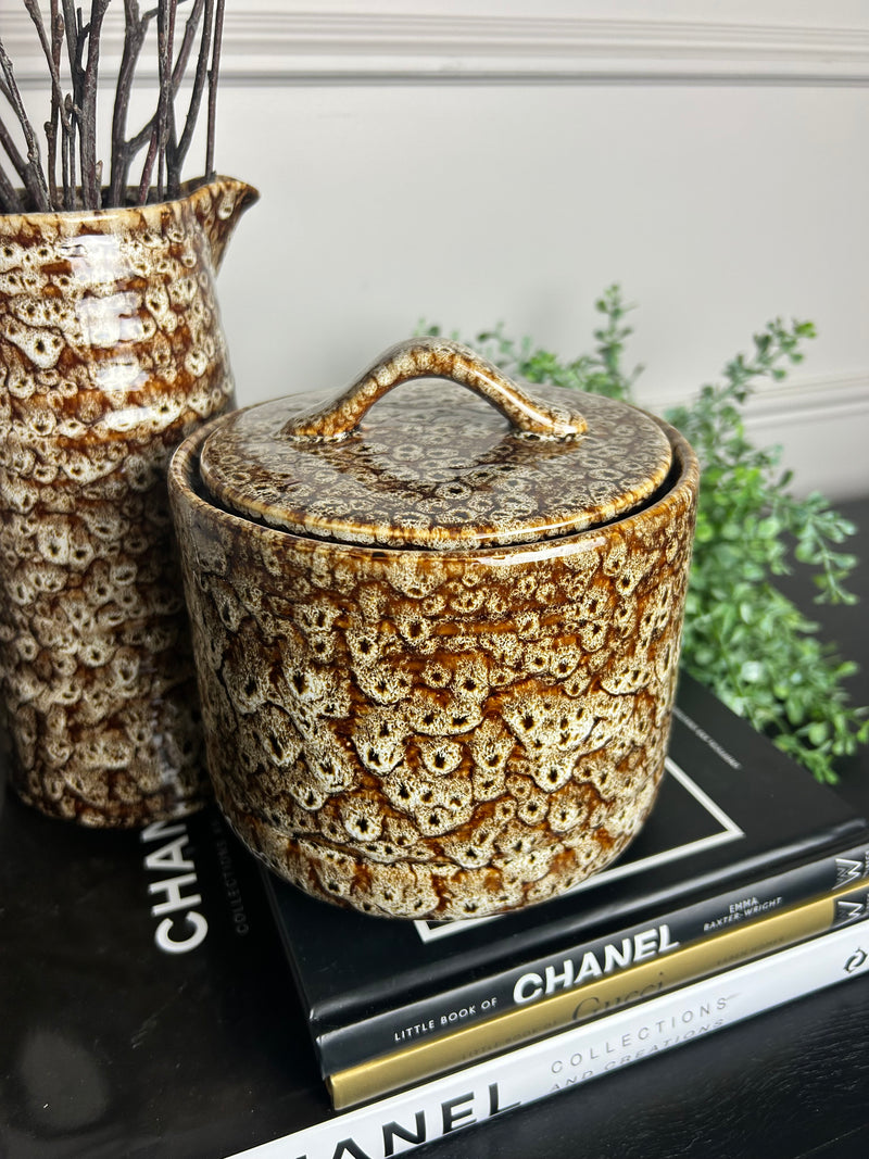 Chunky mottled brown ceramic lidded jar