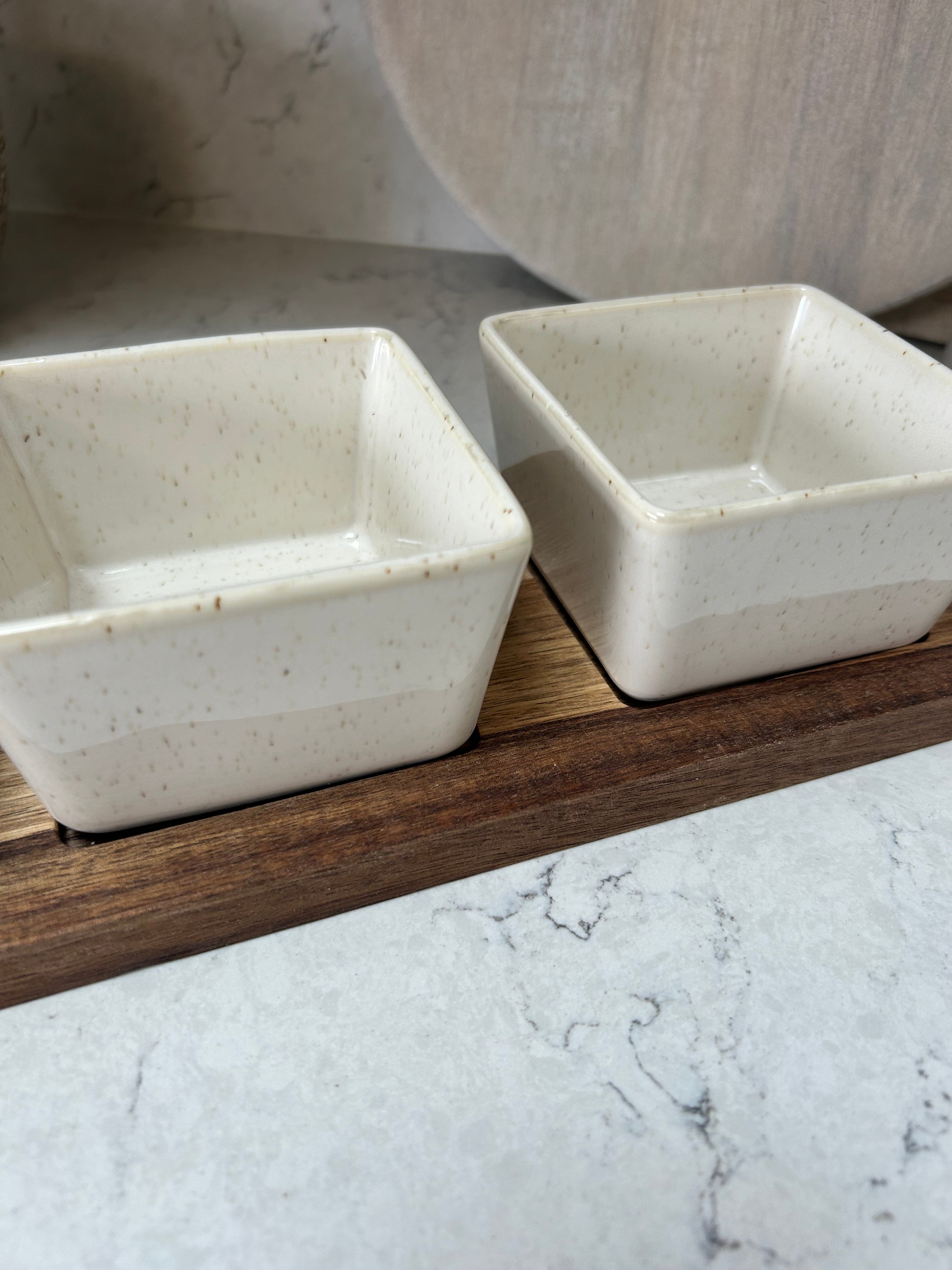 Square Ceramic Dip Dishes on Wood Tray 32cm Abode
