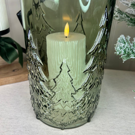 Large glass Green tree Forest Candle Holder embossed