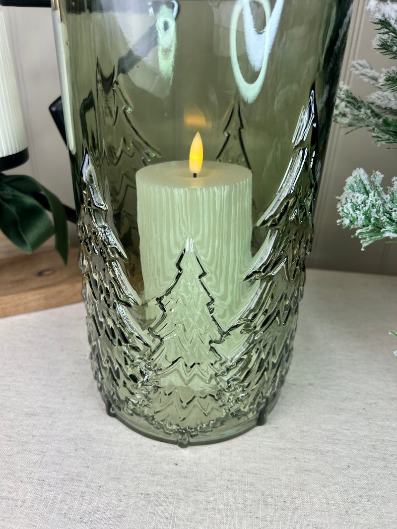 Large glass Green tree Forest Candle Holder embossed