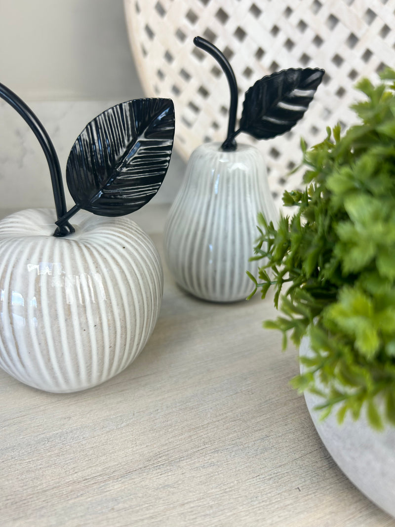 Off white ribbed ceramic apple and pear