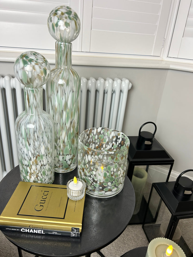 Green white gold pistachio speckled mottled glass lidded bottle jars 2 sizes