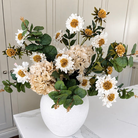 Scabiosa eucalyptus oyster eucalyptus arrangement